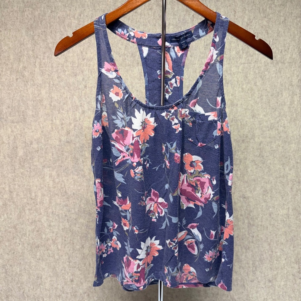 American Eagle Tank Top Womens XS Blue Pink Floral Racerback Button Back Pocket